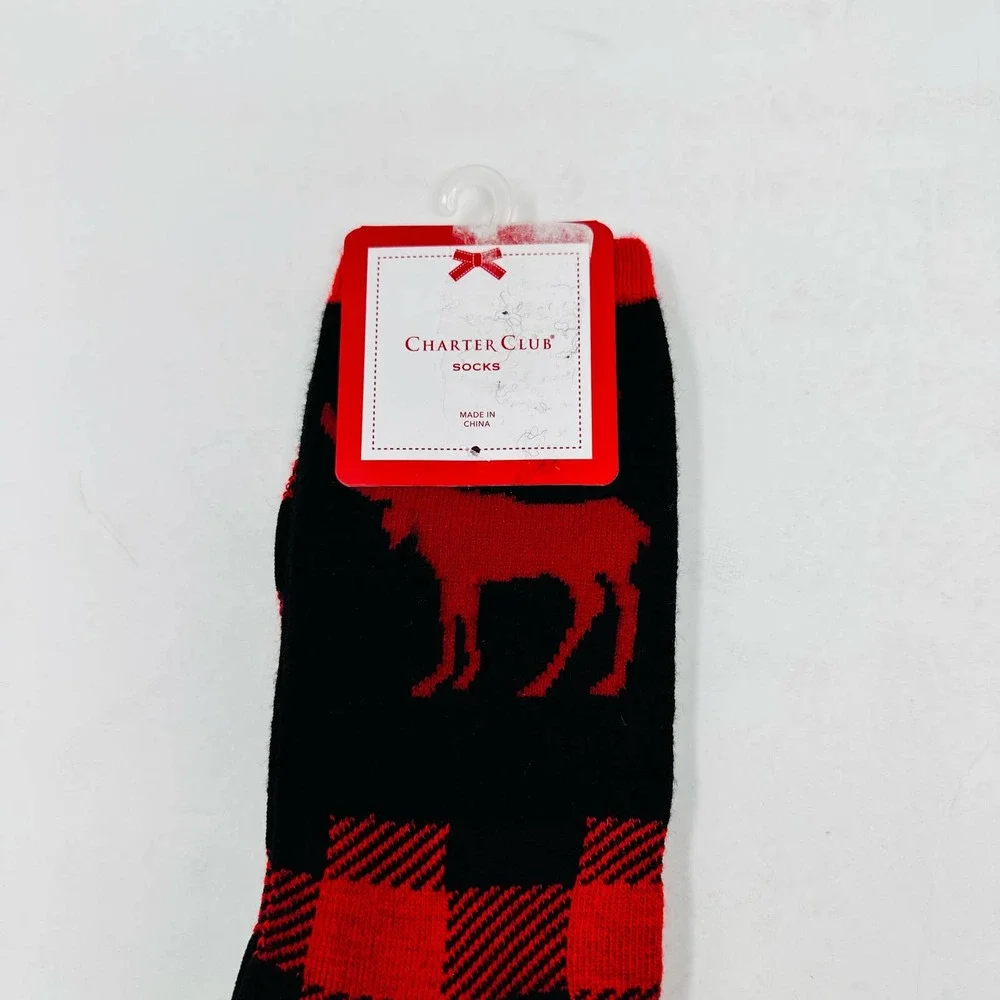 New Charter Club‎ Womans Holiday Black Red Deer Crew Socks Sz 9-11 NWT